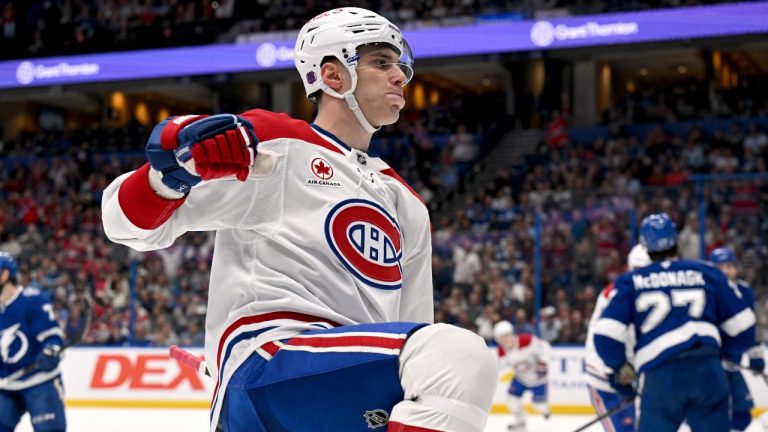 Montréal Canadiens left wing Juraj Slafkovský celebrates his goal during the first period of an NHL hockey game against the Tampa Bay Lightning, Tuesday, March 31, 2026, in Tampa, Fla. (AP Photo/Jason Behnken)