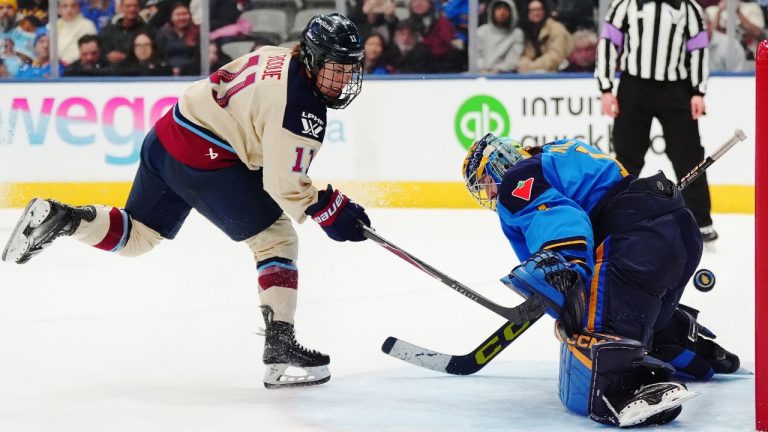 Montreal Victoire's Abby Roque (11) scores on Toronto Sceptres goaltender Raygan Kirk (1) during shootout PWHL hockey action in Toronto on Tuesday, March 3, 2026. THE CANADIAN PRESS/Frank Gunn