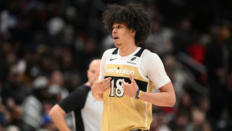Washington Wizards forward Kyshawn George (18) in action during the second half of an NBA basketball game against the Toronto Raptors, Saturday, Feb. 28, 2026, in Washington. (AP Photo/Nick Wass)