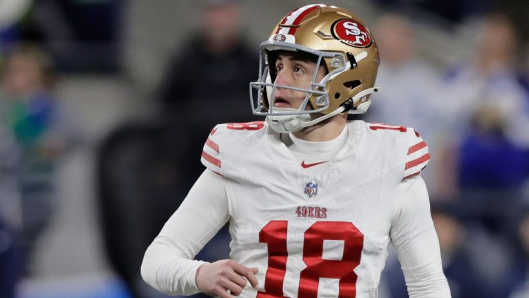 San Francisco 49ers place-kicker Eddy Pineiro watches after kicking a field goal during the first half of an NFL football divisional playoff game against the Seattle Seahawks, Saturday, Jan. 17, 2026, in Seattle. (AP Photo/John Froschauer)