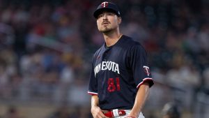 Minnesota Twins relief pitcher Jordan Balazovic (81) walks to the dugout after pitching to the Pittsburgh Pirates in the eighth inning of a baseball game Saturday, Aug. 19, 2023, in Minneapolis. (AP Photo/Bailey Hillesheim)
