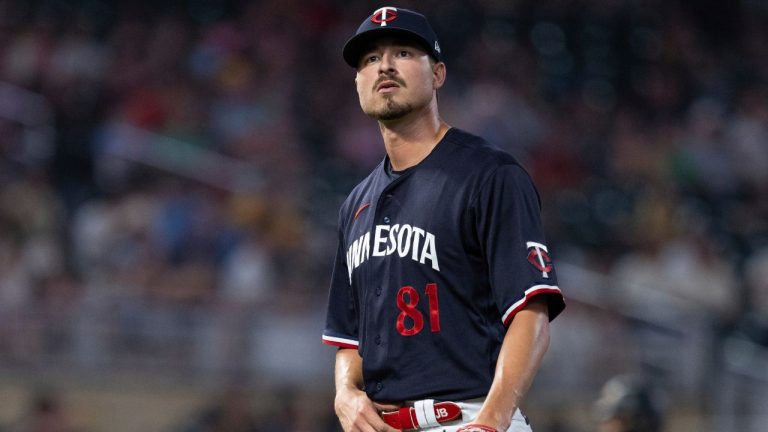 Minnesota Twins relief pitcher Jordan Balazovic (81) walks to the dugout after pitching to the Pittsburgh Pirates in the eighth inning of a baseball game Saturday, Aug. 19, 2023, in Minneapolis. (AP Photo/Bailey Hillesheim)