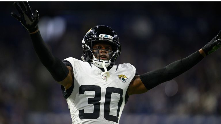 Jacksonville Jaguars cornerback Montaric Brown celebrates on the field during an NFL game against the Indianapolis Colts, Sunday, Dec. 28, 2025, in Indianapolis. (AP Photo/Zach Bolinger)