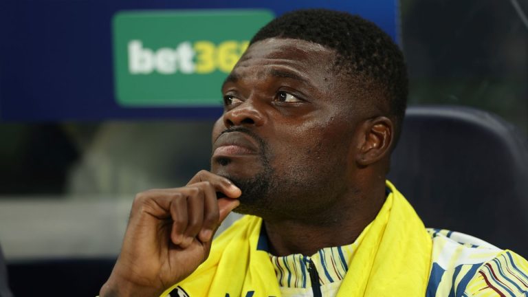Villarreal's Thomas Partey sits on the bench during the Champions League soccer match between Tottenham and Villarreal in London, Tuesday, Sept. 16, 2025. (AP Photo/Ian Walton, file)