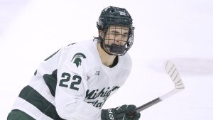 Michigan State's Porter Martone plays during an NCAA hockey game on Wednesday, Nov. 26, 2025, in East Lansing, Mich. (AP Photo/Al Goldis)