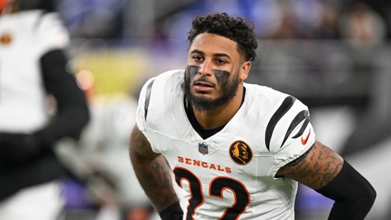 Cincinnati Bengals safety Geno Stone stretches during pre-game warm-ups before an NFL game against the Baltimore Ravens, Nov. 27, 2025, in Baltimore. (AP Photo/Terrance Williams)