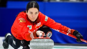 Team Canada skip Kerri Einarson delivers a stone against Australia at the World Women’s Curling Championship in Calgary, Friday, March 20, 2026. THE CANADIAN PRESS/Jeff McIntosh