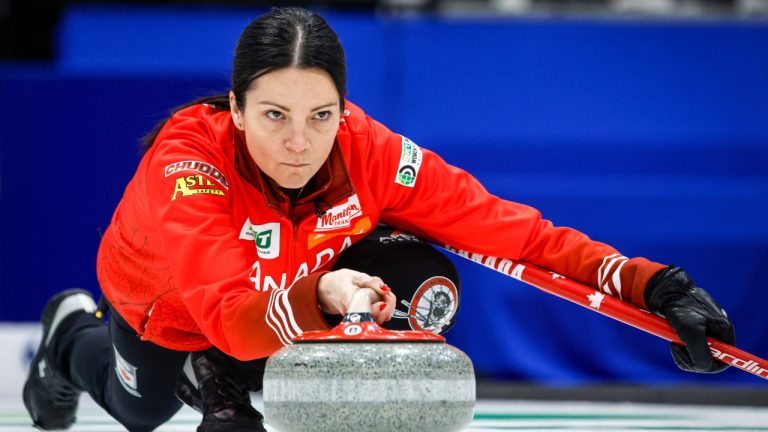 Team Canada skip Kerri Einarson delivers a stone against Australia at the World Women’s Curling Championship in Calgary, Friday, March 20, 2026. THE CANADIAN PRESS/Jeff McIntosh