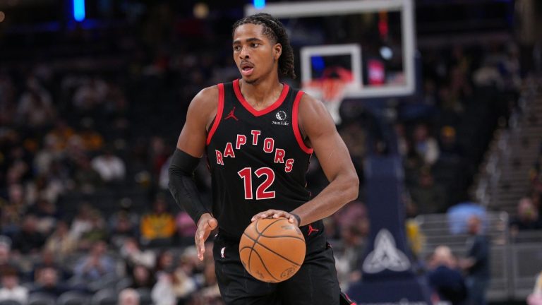 Toronto Raptors forward Collin Murray-Boyles (12) in action as the Toronto Raptors played the Indiana Pacers in an NBA basketball game in Indianapolis, Wednesday, Jan. 14, 2026. (AP Photo/AJ Mast)