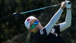 Hyo Joo Kim, of South Korea, hits from the 11th tee during the first round of the LPGA Fortinet Founders Cup golf tournament, Thursday, March 19, 2026, in Menlo Park, Calif. (AP Photo/Jeff Chiu)