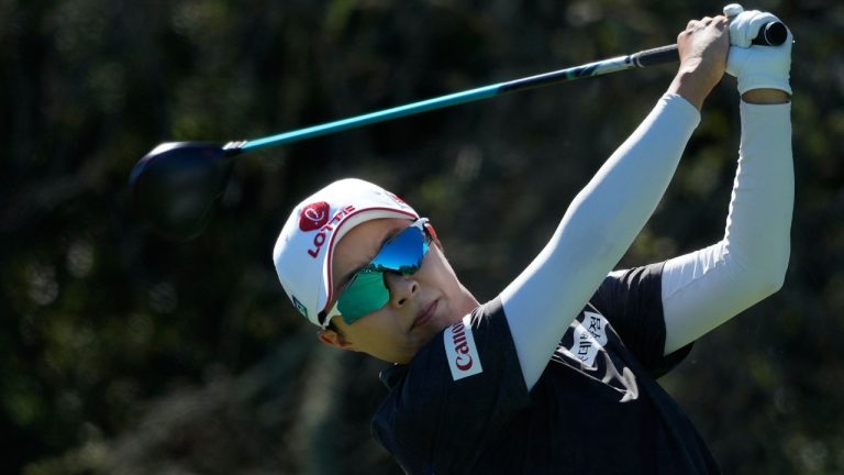 Hyo Joo Kim, of South Korea, hits from the 11th tee during the first round of the LPGA Fortinet Founders Cup golf tournament, Thursday, March 19, 2026, in Menlo Park, Calif. (AP Photo/Jeff Chiu)