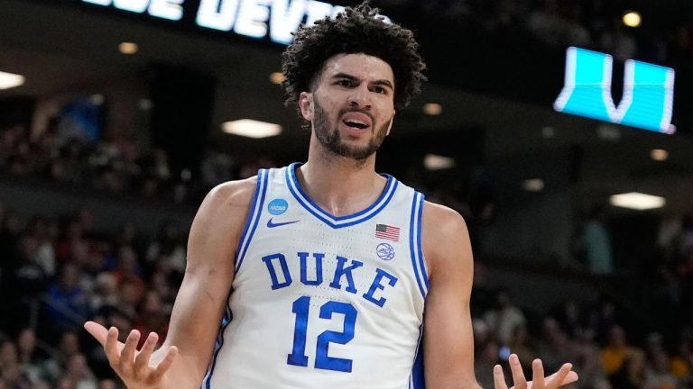 Duke forward Cameron Boozer reacts to a foul during the first half against TCU in the second round of the NCAA college basketball tournament Saturday, March 21, 2026, in Greenville, S.C. (AP Photo/Brynn Anderson)