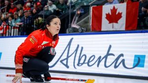 Team Canada skip Kerri Einarson watches her shot against Japan in the semifinal at the World Women's Curling Championship in Calgary, Saturday, March 21, 2026. THE CANADIAN PRESS/Jeff McIntosh