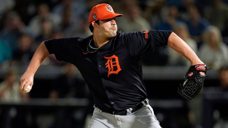 Detroit Tigers pitcher RJ Petit throws during the first inning of a spring training baseball game against the New York Yankees, March 7, 2024, in Tampa, Fla. (AP Photo/Charlie Neibergall, File)