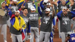 The Venezuela team celebrates after defeating the United States in the championship game of the World Baseball Classic, Tuesday, March 17, 2026, in Miami. (Lynne Sladky/AP)