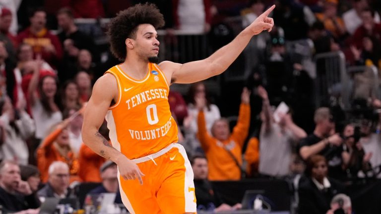 Tennessee's Ja'kobi Gillespie celebrates after making a 3-point basket during the second half in the Sweet 16 of the NCAA college basketball tournament against Iowa State, Friday, March 27, 2026, in Chicago. (Nam Y. Huh/AP)