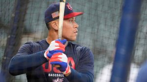 United States right fielder Aaron Judge hits during a World Baseball Classic workout. (David J. Phillip/AP)