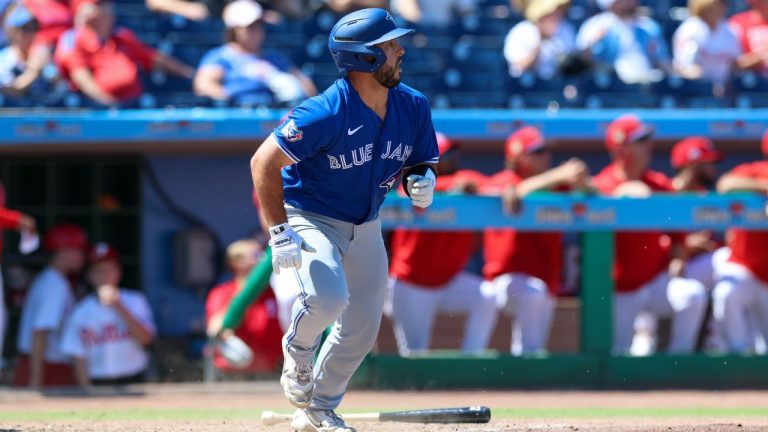Toronto Blue Jays catcher Aaron Parker runs after making contact with the ball during a spring training game. (Alykhan Ravjiani/Courtesy of Toronto Blue Jays)