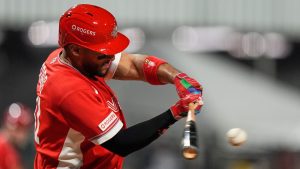 Canada's Abraham Toro connects a single against Puerto Rico during the third inning of a World Baseball Classic game in San Juan, Puerto Rico, Tuesday, March 10, 2026. (Fernando Llano/AP)