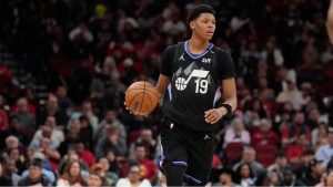 Utah Jazz guard Ace Bailey controls the ball during the second half of an NBA game against the Houston Rockets, Monday, Feb. 23, 2026, in Houston. (AP/Karen Warren)