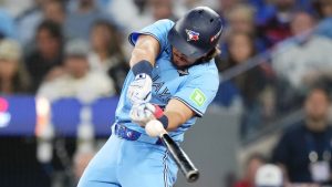 Toronto Blue Jays' Addison Barger (47) hits a double against the Los Angeles Dodgers during third inning Game 6 World Series playoff MLB baseball action in Toronto on Friday, Oct. 31, 2025. (Nathan Denette/CP)