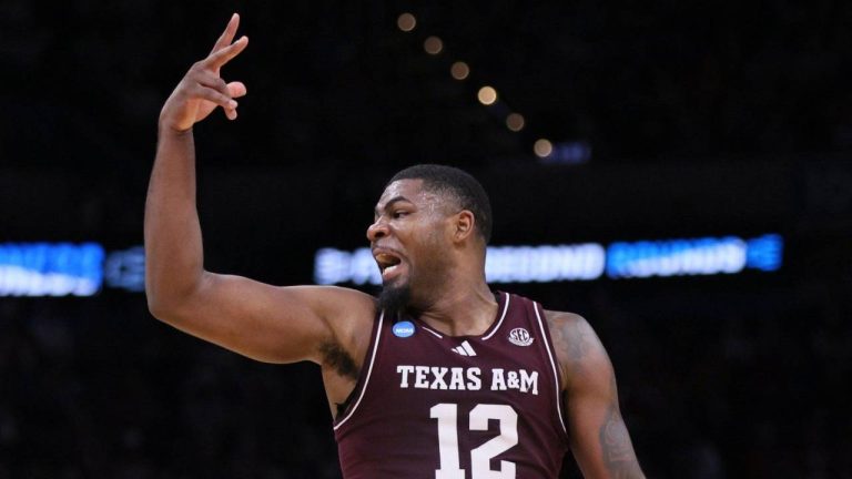 Texas A&M forward Rashaun Agee celebrates during the first half against Saint Mary's in the first round of the NCAA college basketball tournament, Thursday, March 19, 2026, in Oklahoma City. (Nate Billings/AP)