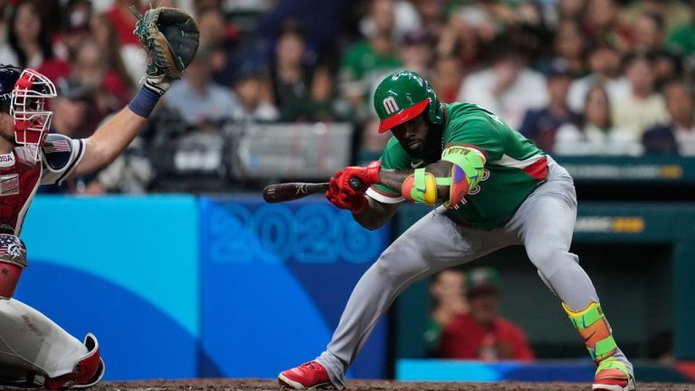 Mexico's Randy Arozarena avoids a pitch during the fourth inning of a World Baseball Classic game against the United States, Monday, March 9, 2026, in Houston. (Ashley Landis/AP)