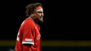 Canada's Josh Naylor reacts after being hit by a pitch during the second inning of a World Baseball Classic game against Puerto Rico in San Juan, Puerto Rico, Tuesday, March 10, 2026. (Fernando Llano/AP)