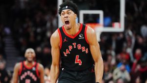 Toronto Raptors' Scottie Barnes (4) celebrates against the Phoenix Suns during second half NBA basketball action in Toronto on Friday, March 13, 2026. (Frank Gunn/THE CANADIAN PRESS)