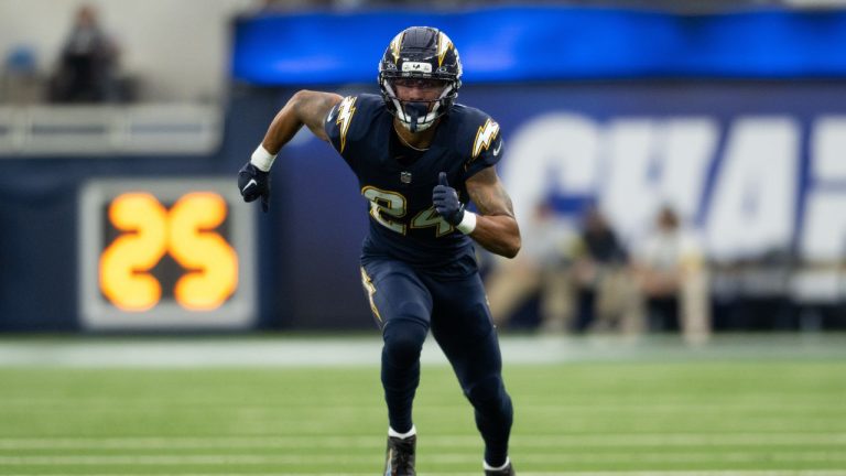 Los Angeles Chargers cornerback Benjamin St-Juste (24) runs during an NFL football game against the Las Vegas Raiders, Sunday, Nov. 30, 2025, in Inglewood, Calif. (Kyusung Gong/AP)