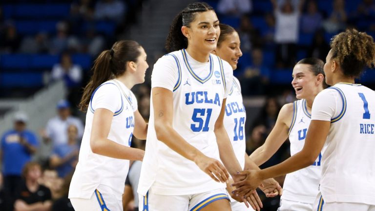UCLA centre Lauren Betts (51), guard Lena Bilic, back left, forward Sienna Betts (16) forward Gabriela Jaquez, back right, and guard Kiki Rice (1) celebrate during the first half against Oklahoma State in the second round of the NCAA college basketball tournament, Monday, March 23, 2026, in Los Angeles. (Jessie Alcheh/AP Photo)
