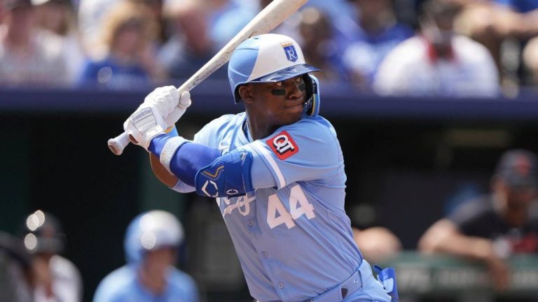 Kansas City Royals' Dairon Blanco bats during the third inning of a baseball game against the Detroit Tigers, May 31, 2025, in Kansas City, Mo. (Charlie Riedel/AP)