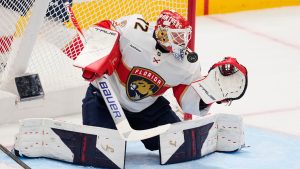 Florida Panthers goaltender Sergei Bobrovsky defends against a shot by the Dallas Stars in the first period of an NHL hockey game in Dallas, Saturday, Dec. 13, 2025. (Tony Gutierrez/AP)