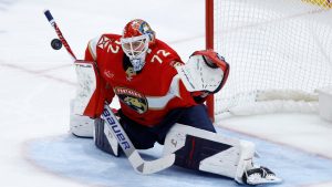 Florida Panthers goaltender Sergei Bobrovsky (72) makes a save against the Washington Capitals during the first period of an NHL hockey game, Monday, Dec. 29, 2025, in Sunrise, Fla. (Rhona Wise/AP)