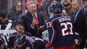 Columbus Blue Jackets head coach Rick Bowness talks to his players against the Calgary Flames during an NHL hockey game, Tuesday, Jan. 13, 2026, in Columbus, Ohio. (Jay LaPrete/AP)