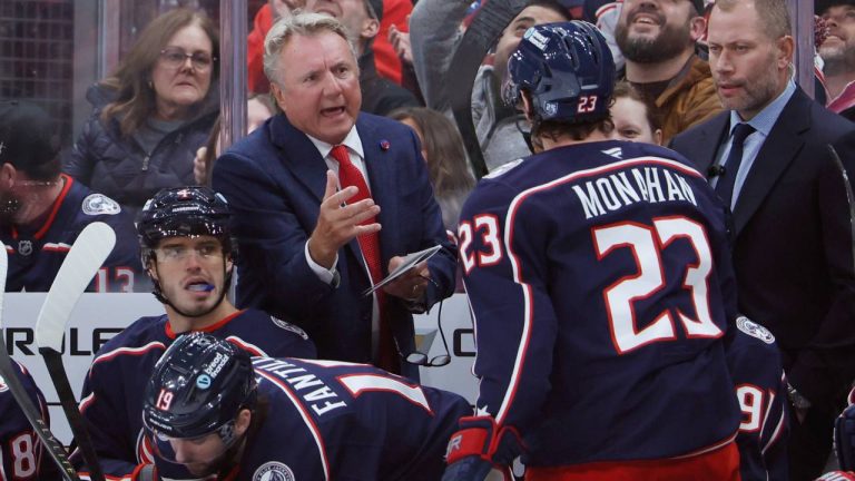 Columbus Blue Jackets head coach Rick Bowness talks to his players against the Calgary Flames during an NHL hockey game, Tuesday, Jan. 13, 2026, in Columbus, Ohio. (Jay LaPrete/AP)