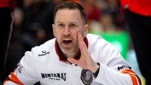 Brad Gushue, skip of Team Newfoundland and Labrador-Gushue calls to his teammates during Draw 17 at the Montana's Brier Canadian men's curling championship, in St. John's, N.L., on Thursday, March 5, 2026. (Paul Daly/CP)