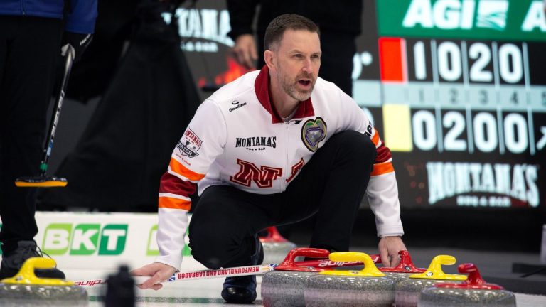Brad Gushue of Team Newfoundland and Labrador calls the shot during Draw 11 at the Montana's Brier Canadian men's curling championship, in St. John's, N.L., on Tuesday, March 3, 2026. (Paul Daly/CP)