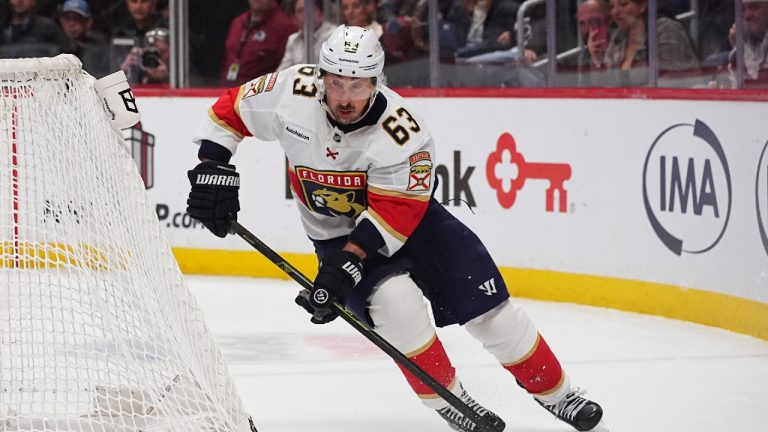 Florida Panthers left wing Brad Marchand in the second period of an NHL game Thursday, Dec. 11, 2025, in Denver. (David Zalubowski/AP)