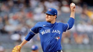 Toronto Blue Jays pitcher Brendon Little (54) throws during the sixth inning of a baseball game against the New York Yankees. (Adam Hunger/AP)