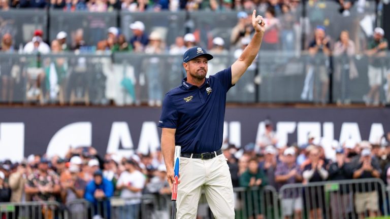 Captain Bryson DeChambeau of Crushers GC reacts to his putt on the 18th green during the final round of LIV Golf South Africa at The Club at Steyn City on Sunday, March 22, 2026 in Midrand, South Africa. (Photo by Mateo Villalba/LIV Golf via AP)
