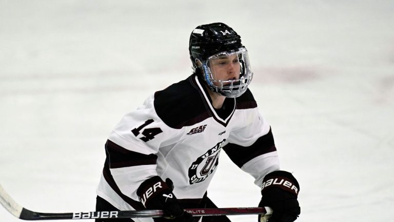 Union forward Brandon Buhr (14) during the first period of an NCAA hockey game against St. Lawrence on Friday, Nov. 15, 2024, in Schenectady, N.Y. (Hans Pennink/AP Photo)