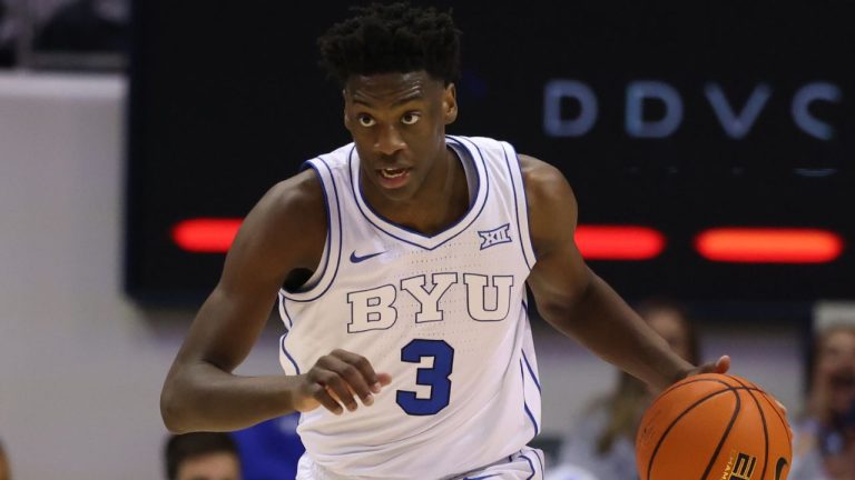 BYU forward AJ Dybantsa brings the ball up the court against Texas Tech during the first half of an NCAA college basketball game, Saturday, March 7, 2026, in Provo, Utah. (Rob Gray/AP Photo)