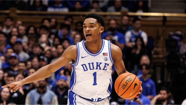 Duke's Caleb Foster (1) handles the ball during the second half of an NCAA college basketball game against Virginia in Durham, N.C., Saturday, Feb. 28, 2026. (Ben McKeown/AP)