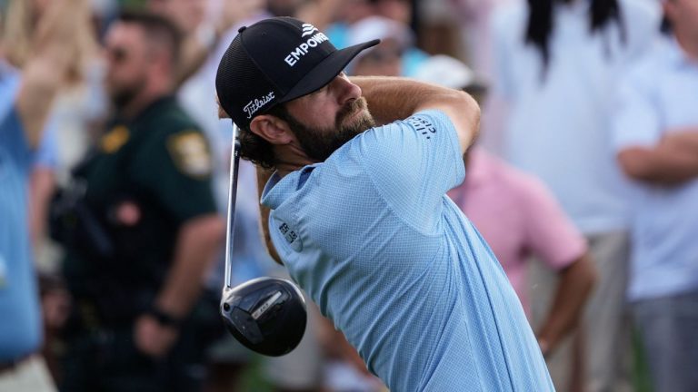 Cameron Young hits from the 18th tee after the final round of The Players Championship golf tournament, Sunday, March 15, 2026, in Ponte Vedra Beach, Fla. (Gerald Herbert/AP)
