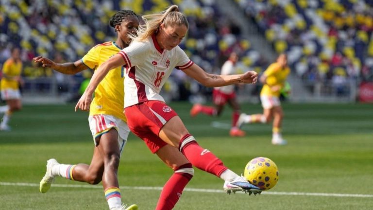 Canada forward Janine Sonis (16) kicks the ball past Colombia midfielder Linda Caicedo, left, during the second half of a SheBelieves Cup women's soccer tournament match Sunday, March 1, 2026, in Nashville, Tenn. (George Walker IV/AP)