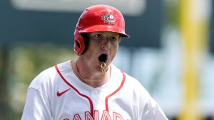 Canada's Owen Caissie celebrates after hitting a two-run home run against Colombia during during the second inning of a World Baseball Classic game in San Juan, Puerto Rico, Saturday, March 7, 2026. (Fernando Llano/AP)