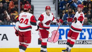 Carolina Hurricanes' Sebastian Aho (20) celebrates his goal against the Vancouver Canucks with Seth Jarvis (24) and Andrei Svechnikov (37) during the second period of an NHL hockey game in Vancouver, on Wednesday, March 4, 2026. (Ethan Cairns/CP)