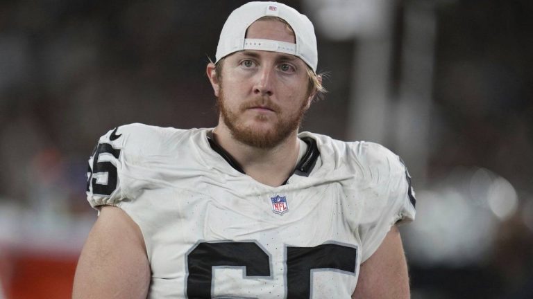Las Vegas Raiders guard Alex Cappa warms up before an NFL football game against the Arizona Cardinals, Aug. 23, 2025, in Glendale, Ariz. (Rick Scuteri/AP)