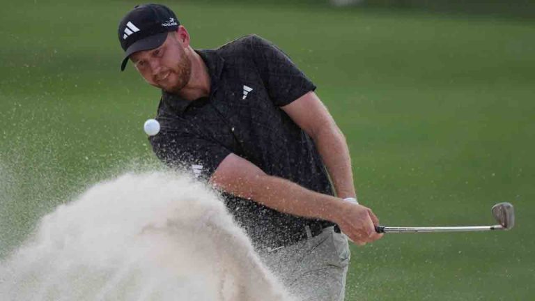 Daniel Berger hits out of a bunker on the second hole during the third round of the Arnold Palmer Invitational at Bay Hill golf tournament Saturday, March 7, 2026, in Orlando, Fla. (Matt Slocum/AP)